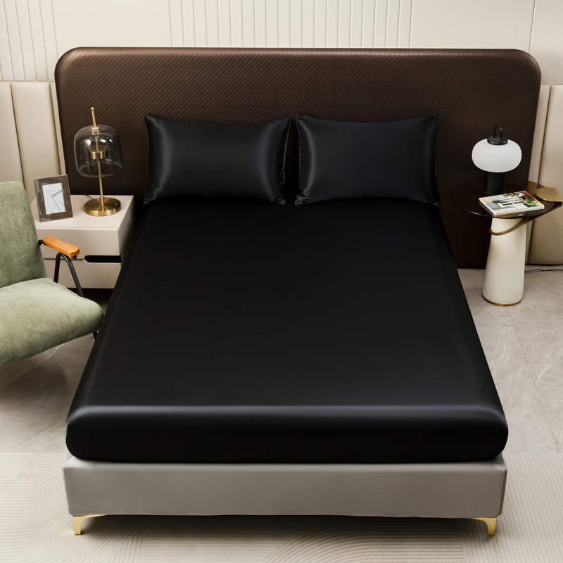 3Pcs Black Satin Fitted Sheet  - огляд і ціна Satin Pillowcase Silk